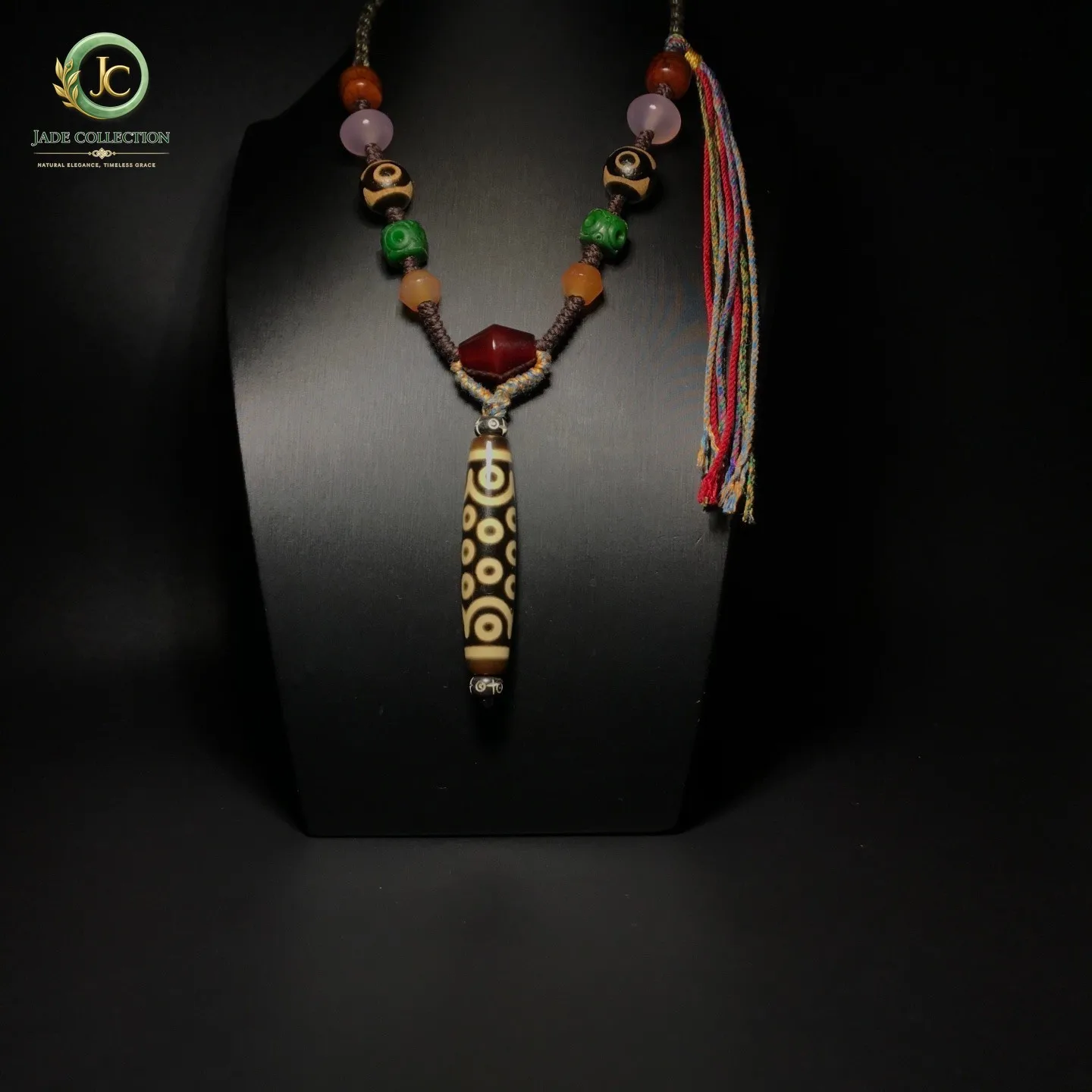 Collectible Tibetan Old Agate Dzi *21 Eyes* Bead Amulet Necklace J0324