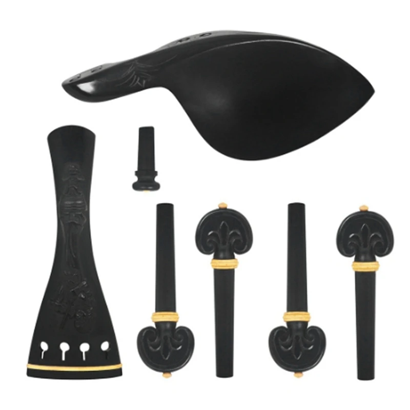 Hand Carved Ebony Violin Parts 4 Piece Set With Relief Flower Tailpiece, Pegs, Chinrest, And Endpin