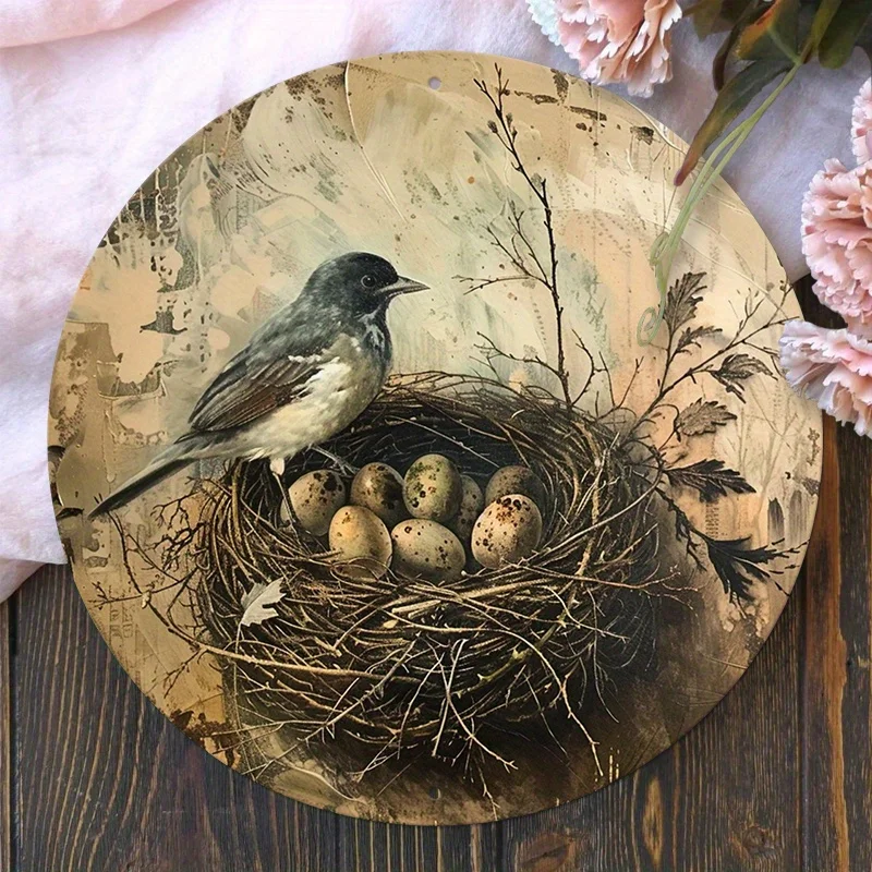 

Vintage Aluminum Bird Nest & Eggs Round Sign, HD Printed, Waterproof, Weather-Resistant for Home, Cafe, for Man Cave Decor