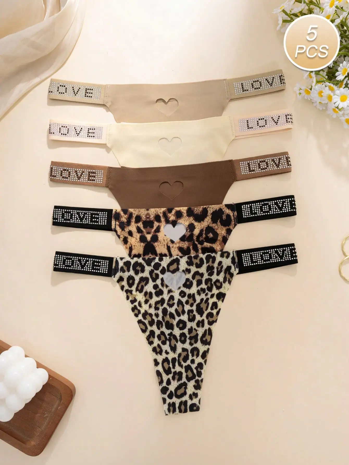 Lot de 5 Culottes String Léopard à Découpes Cœur LOVE en Strass, Taille Basse Sexy pour Femme, Multipack