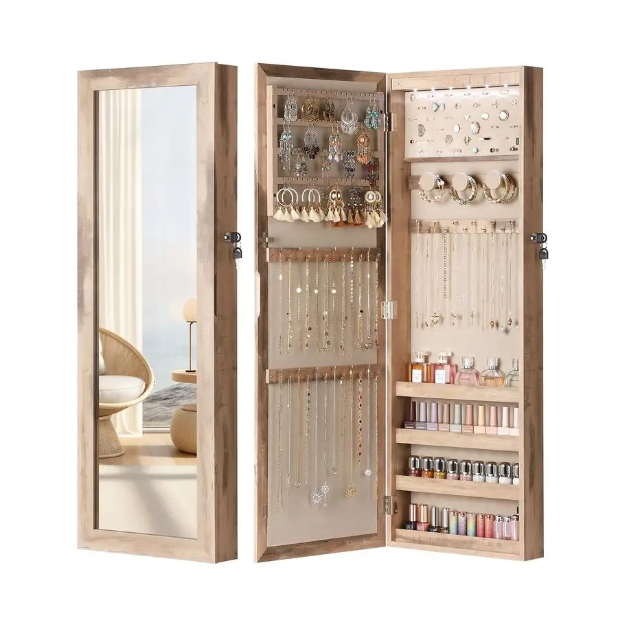 

6 LEDs Mirror Jewelry Cabinet, Large Capacity Lockable Jewelry Armoire Organizer, Door or Wall Mounted Mirror with Jewelry Stor