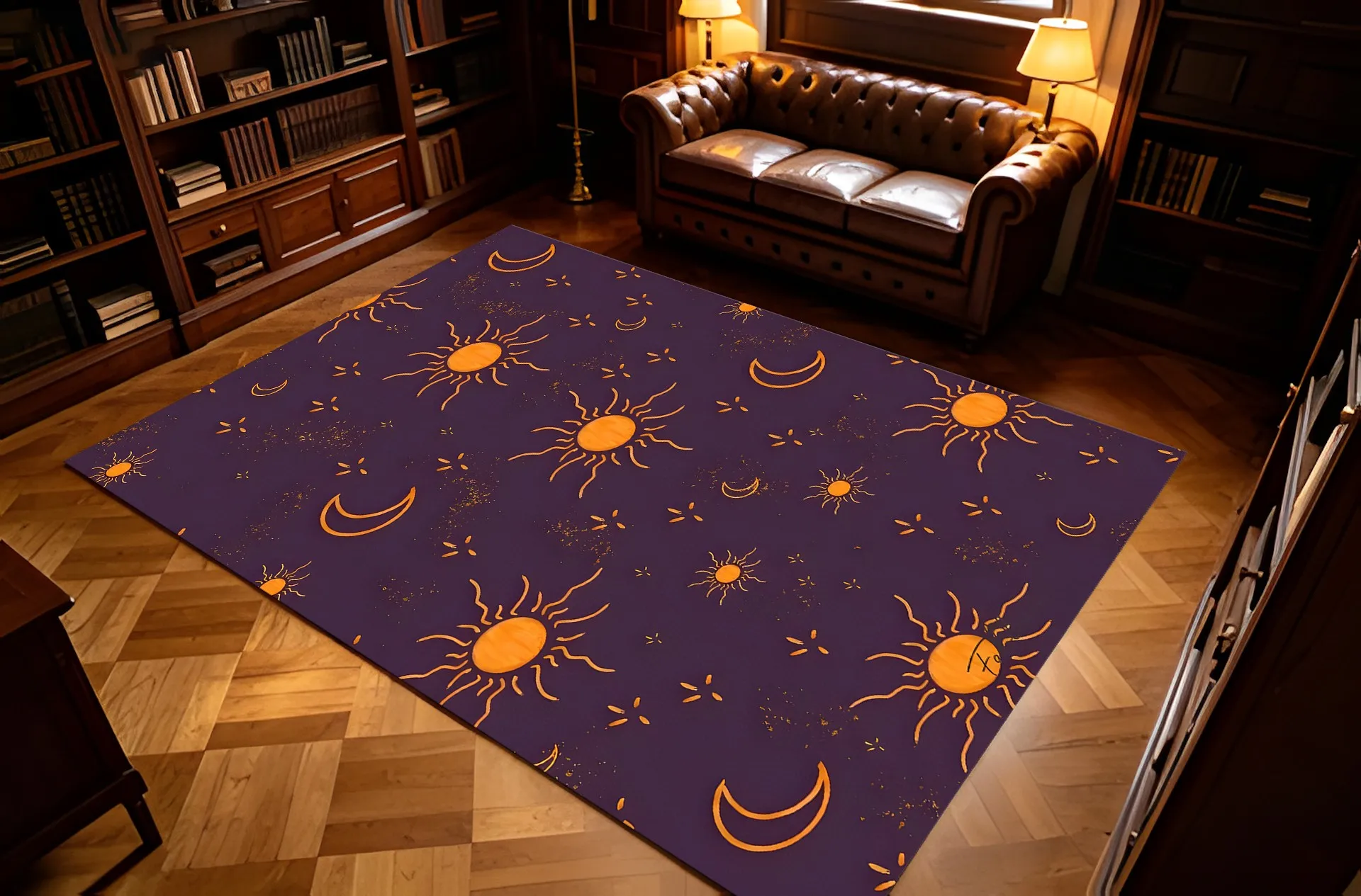 Dark Orange-Yellow Sun, Star, and Moon Pattern Bohemian Retro Style Velvet Rug Suitable for Halloween, Perfect for Bedrooms, Bedside Areas, Living Rooms, and Entryways, Creating a Mysterious, Romantic, and Soothing Soft Furnishing Atmosphere