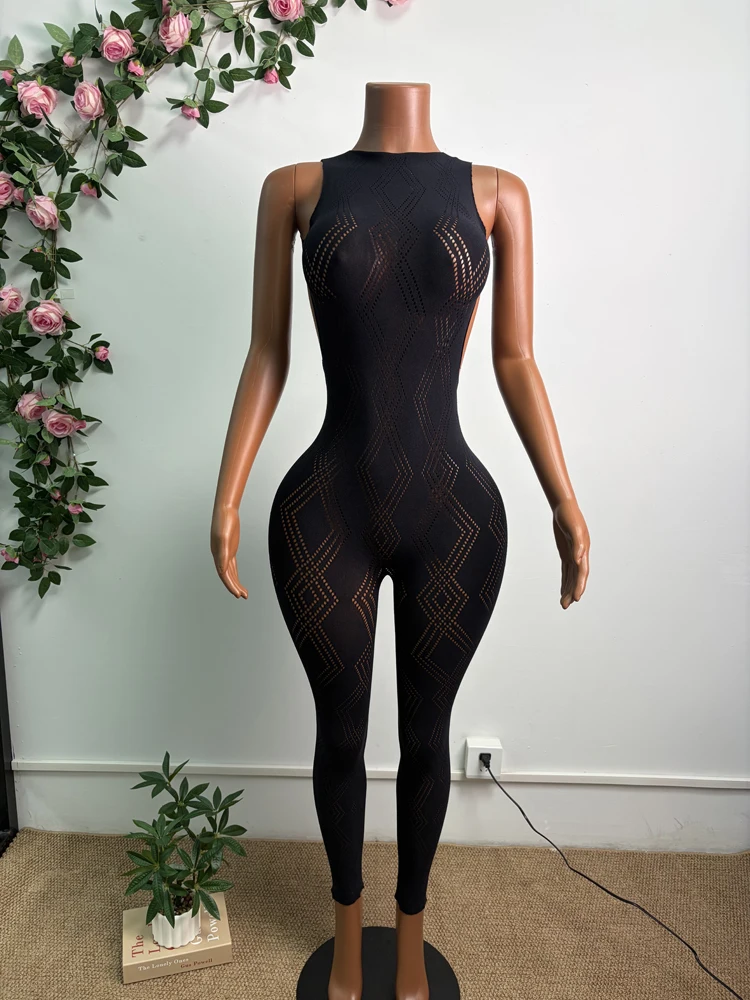 Neuer Modischer Damen Ärmelloser Nahtloser Jumpsuit mit Geometrischem Hohlmuster, Rückenfreier Bodycon Langer Jumpsuit für Nachtclub-Party-Outfit – Detail 5
