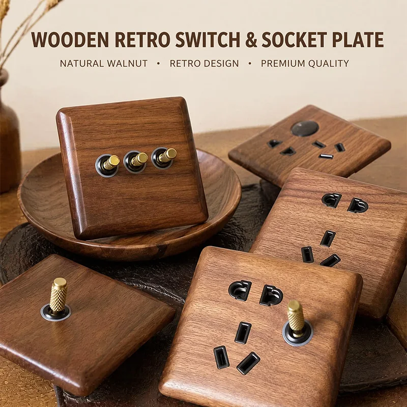Retro Walnut Wooden Toggle Switch Brass Lever Light Switches Natural Wood Wall Socket Electrical Outlet Plate For Luxury Home