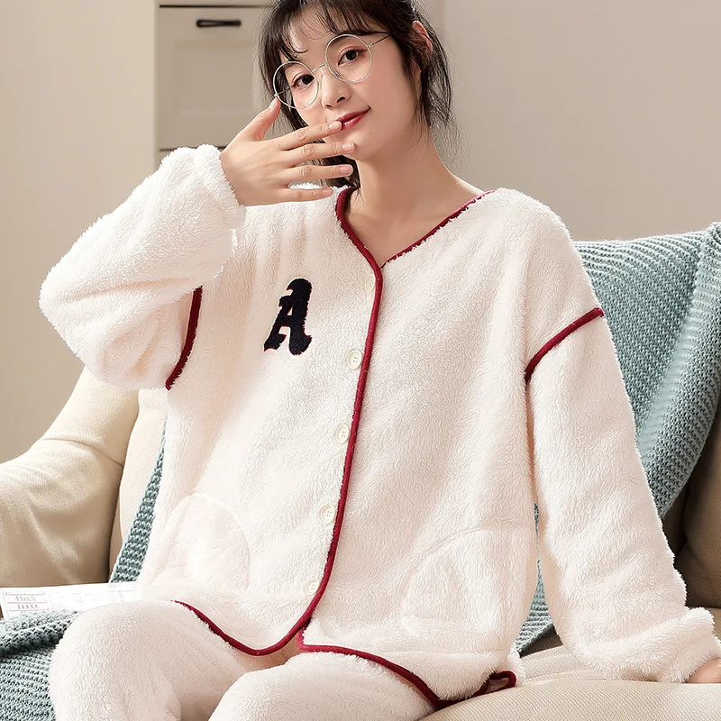 Winter Thick Pajama Sets Women Single Breasted Coral Fleece Sleepwear Warm Fashion Letter Simple Warm Casual Cute Pyjama Set