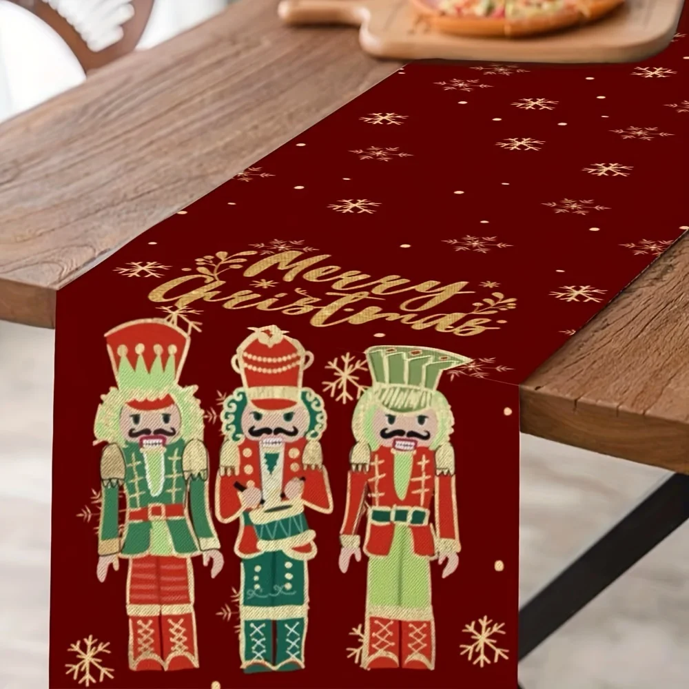 Merry Christmas Nutcracker Linen Table Runner Holiday Party Table Decor Winter Xams Snowflake Table Runners Christmas Decoration