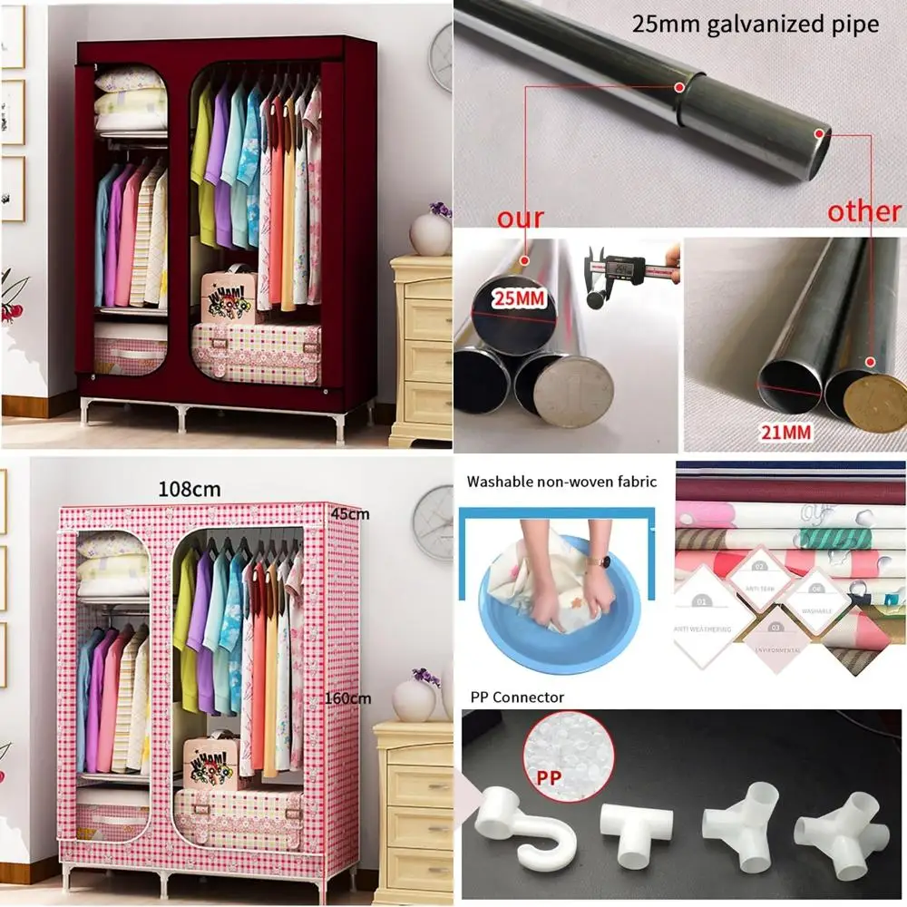 خزانة ملابس معدنية محمولة مقاس 66.14 بوصة مع 2 قضبان تعليق، غطاء قماشي لمنظم تخزين ملابس غرفة النوم