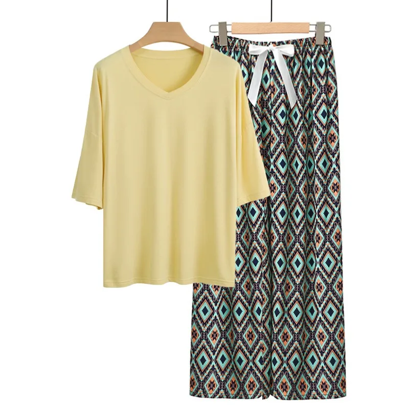

European Plus Size Pajamas Sets Summer 2pcs Viscose Modal Homewear Printed Pants Lady's Loungewear Short Sleeve Set