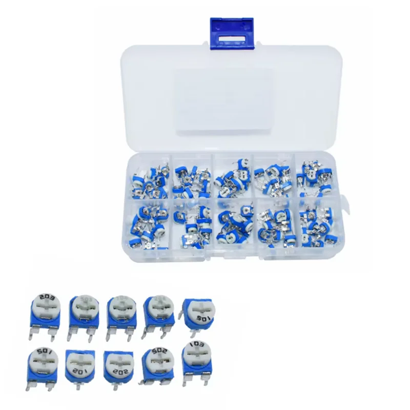 100Pcs/Box RM065 Carbon Film Horizontal Trimpot Potentiometer Assortment Kit 10 Values Variable Resistor 500R 1K 2K 5K 10K -1M