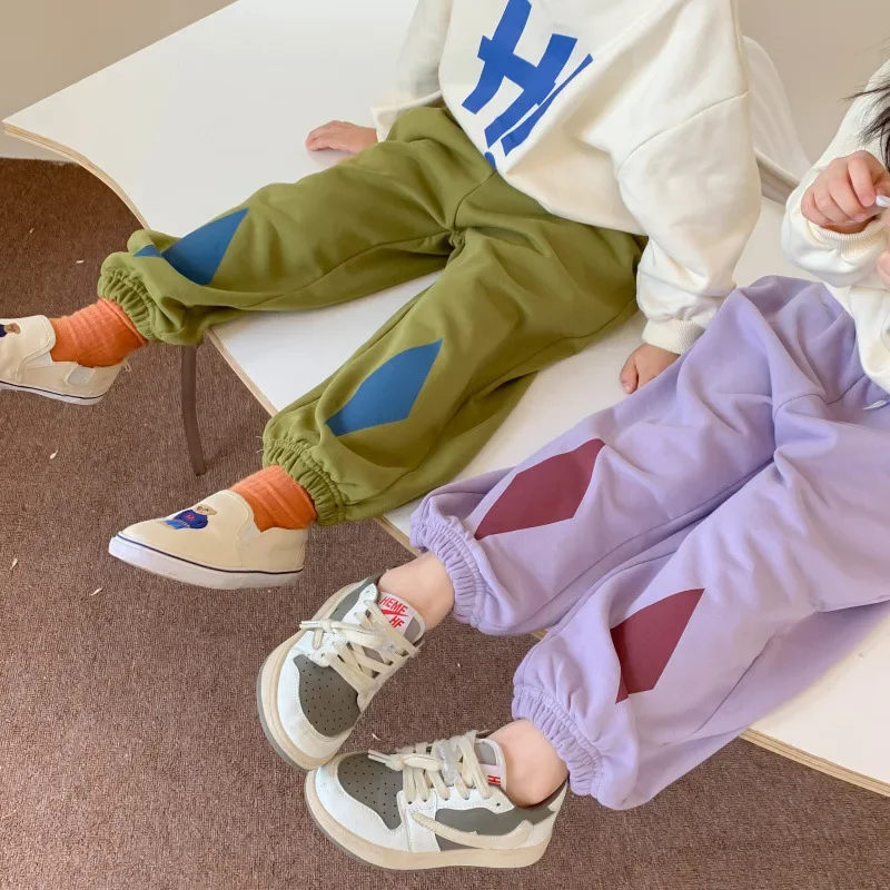 Autumn Unisex Children rhombus printed sports trousers 1-7 years kids cotton casual sweatpants