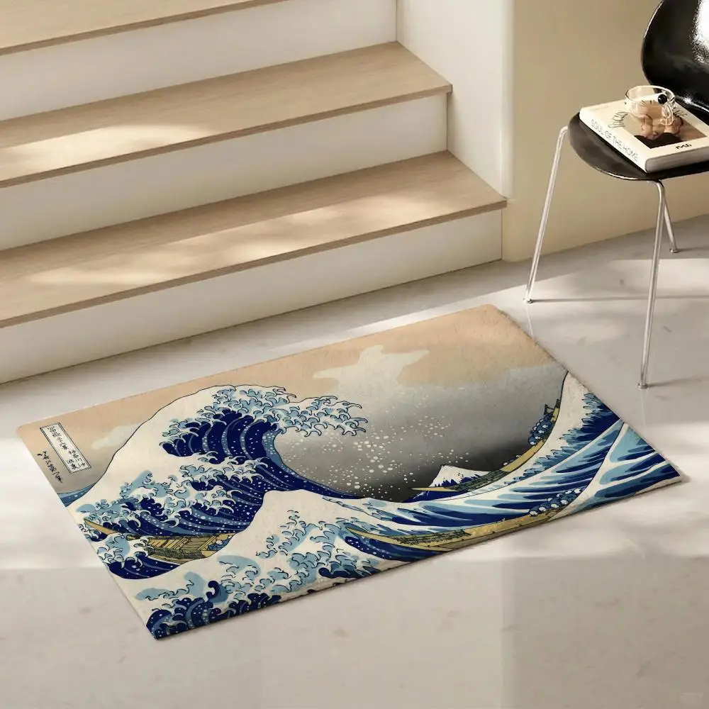 Classic Art T-The Great Wave off KanagawaS Floor Mat Eco-Friendly Flannel Doormat Non-Slip Odorless Soft Short Plush Indoor