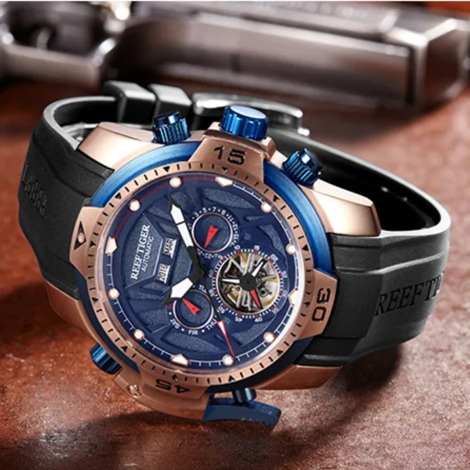

Мужские автоматические часы Reef Tiger, 46 мм, спортивные механические наручные часы, сапфировый светящийся вечный календарь, год, месяц, неделя, дата
