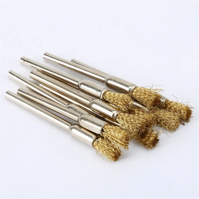 10Pcs Pencil Brushes Copper Wire Mounted Wire Wheel 3.17mm Shank Mandrel Set for Polishing Cleaning Deburring Power Rotary Tools