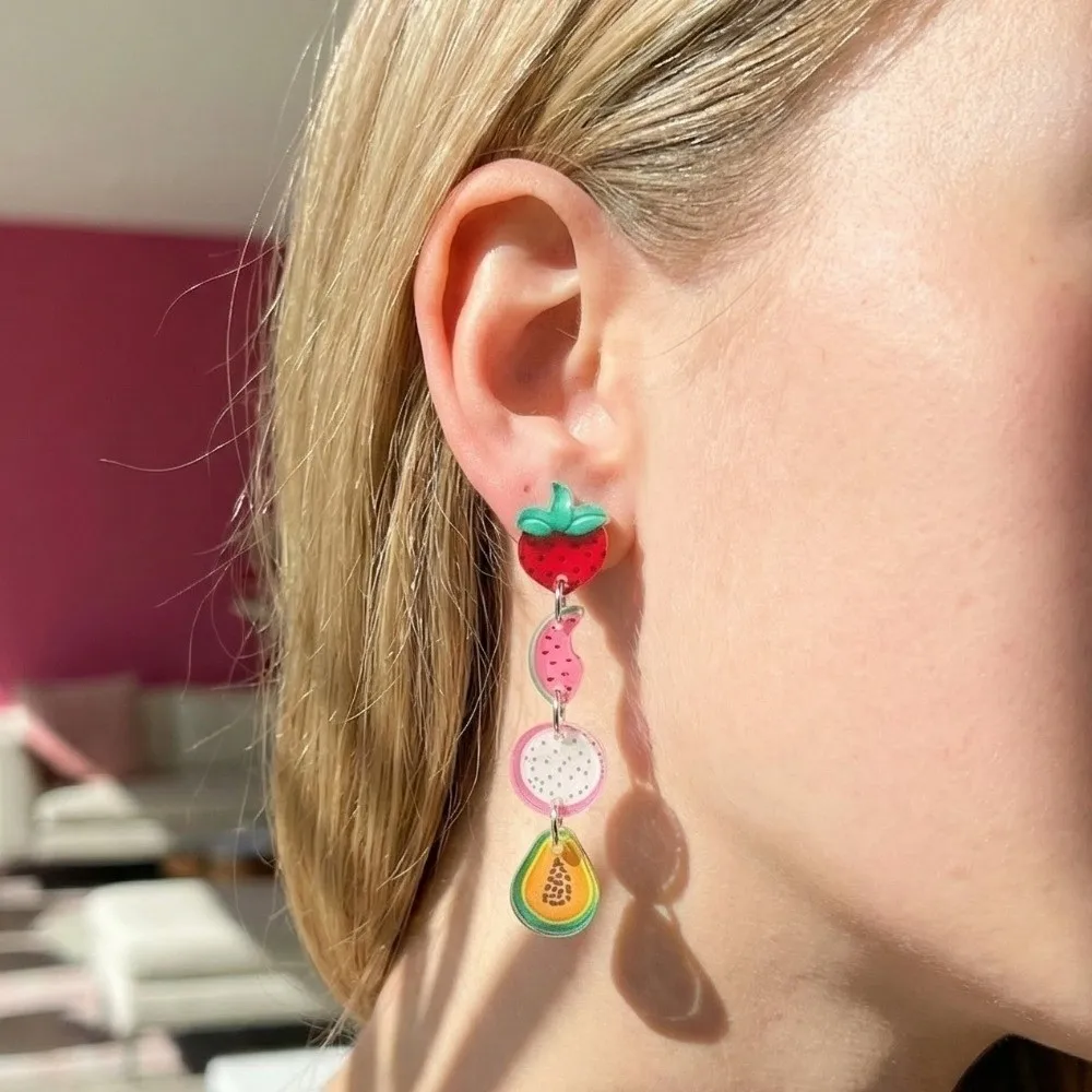 Sweet Acrylic Tropical Fruit Earrings Pitaya Creative Fruit Dangle Earrings Funny Colorful Strawberry Earrings Women