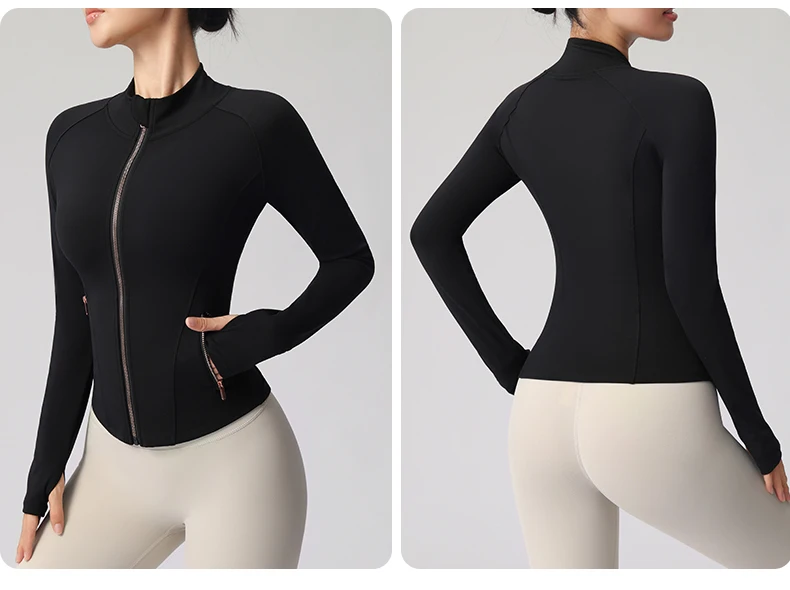 Hochwertige Roségold-Reißverschluss-Yoga-Jacke für Damen, Warme Stehkragen-Jacke, Sportliche Fitness-Schlankheitsjacke mit Schnelltrocknungsfunktion – Detail 10