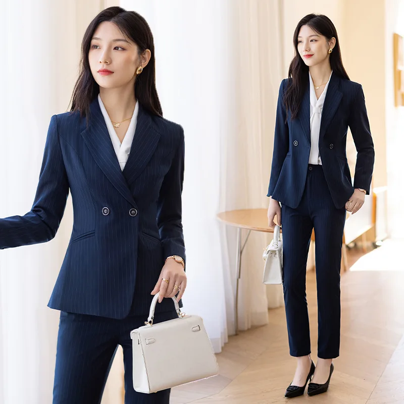 

Blue Suit Jacket for Women Business Work Clothes Spring and Autumn New Temperament Goddess Style Striped Suit Work Clothes