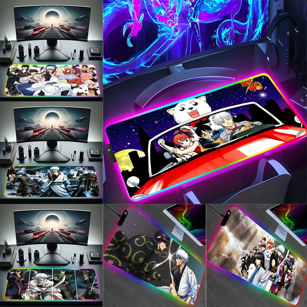 RGB Pc Gamer Keyboard Mouse Pad Mousepad Anime Gintama LED Glowing Mouse Mats Rubber Gaming Computer Mausepad