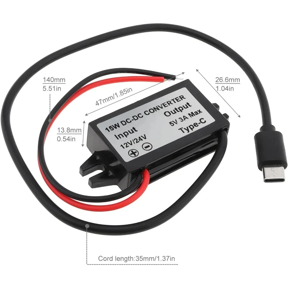 DC/DC 12V/24V To 5V Step Down Converter 3A 15W USB Type-C Interface Waterproof Buck Power Adapter Compatible With Mobile Phone