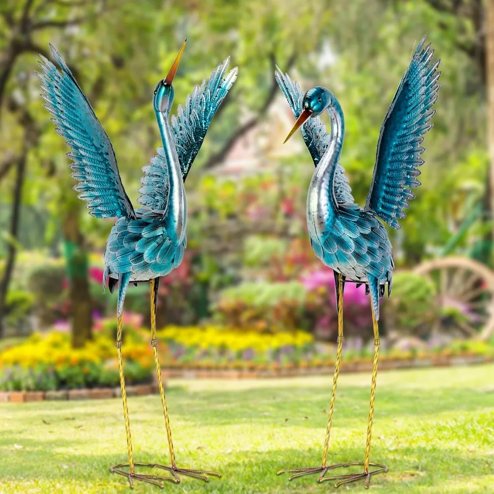 Garden Crane Statues for Outdoor, Blue Heron Decoy Garden Sculptures, Standing Metal Bird Yard Art,Statue