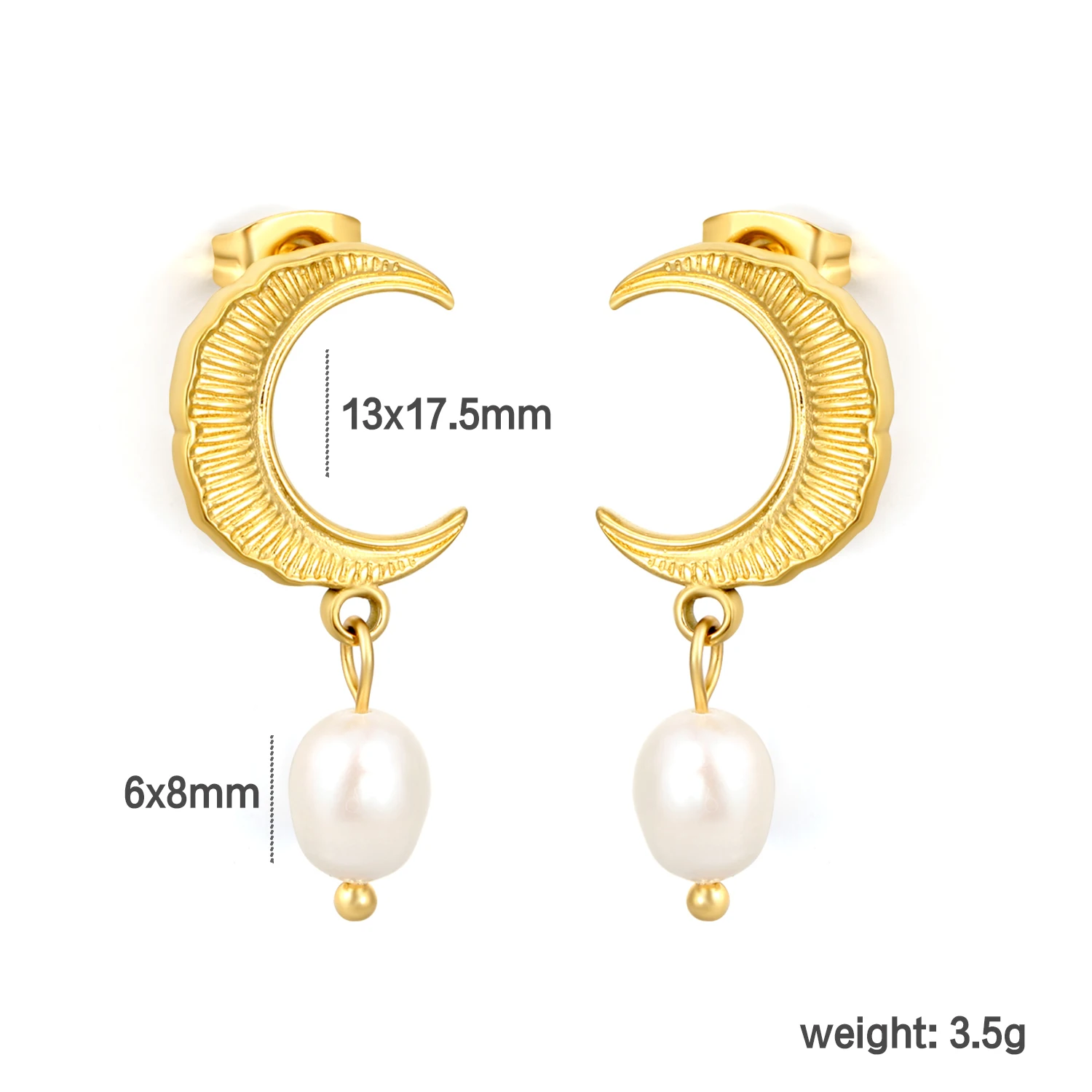 Stainless Steel Textured Moon Pearl Stud Earrings Hypoallergenic Tarnish Free 18K Gold Vintage Boho Noble Women Gift Ear Jewelry