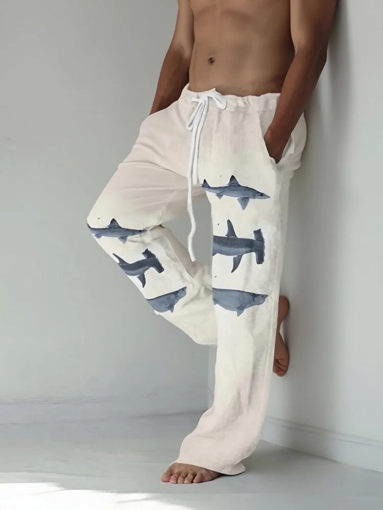 

Японские повседневные брюки с принтом акулы, мужские широкие брюки с эластичной резинкой на талии, летние осенние длинные брюки, шикарные праздничные мешковатые мужские брюки