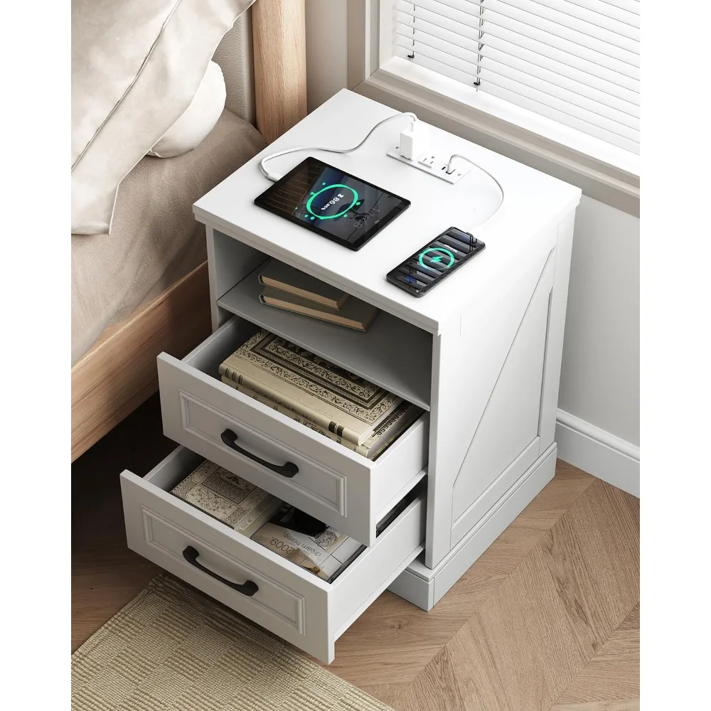 قطعتان من منضدة المزرعة مع قاعدة شحن، طاولة بجانب السرير من الخشب الريفي مع درجين ورف تخزين، حامل ليلي مع Ty