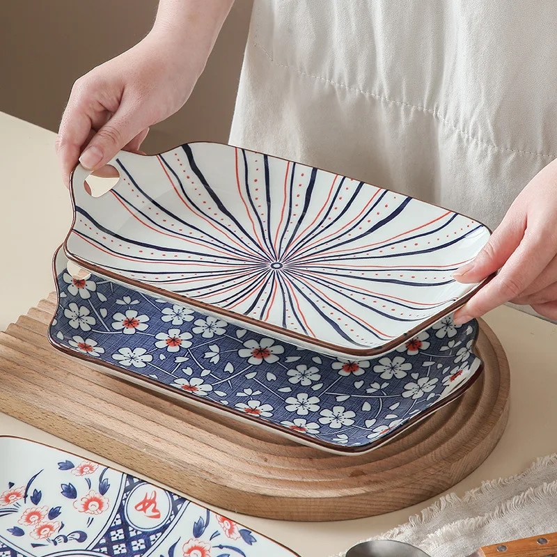 Japanese style vintage underglaze color ceramics 12 inch amphorae rectangular plate home baking dish vegetable plate fish plate