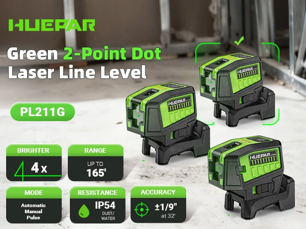 Huepar Laser measure Tool PL211G Sharp Light 2 Lines 2 Dots Green beam Self-leveling Laser Level with pulse mode