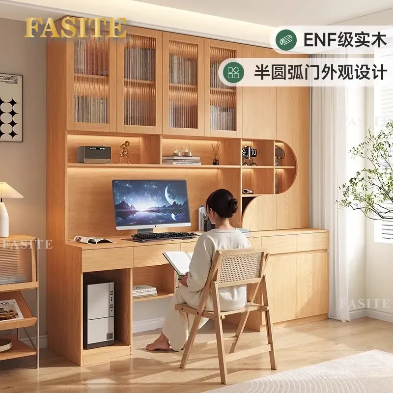 For Oak FAS Solid Wood Desk Bookcase Integrated Study Writing Table Computer Desk Wall Mounted Bookshelf for Bedroom Home