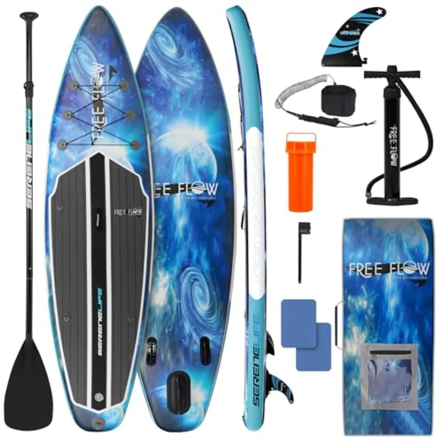 Aufblasbares Stand-Up-Paddleboard für Erwachsene und Jugendliche, robustes PVC, blau, breites, stabiles Design mit rutschfester EVA-Deckauflage, 350 lbs belastbar.