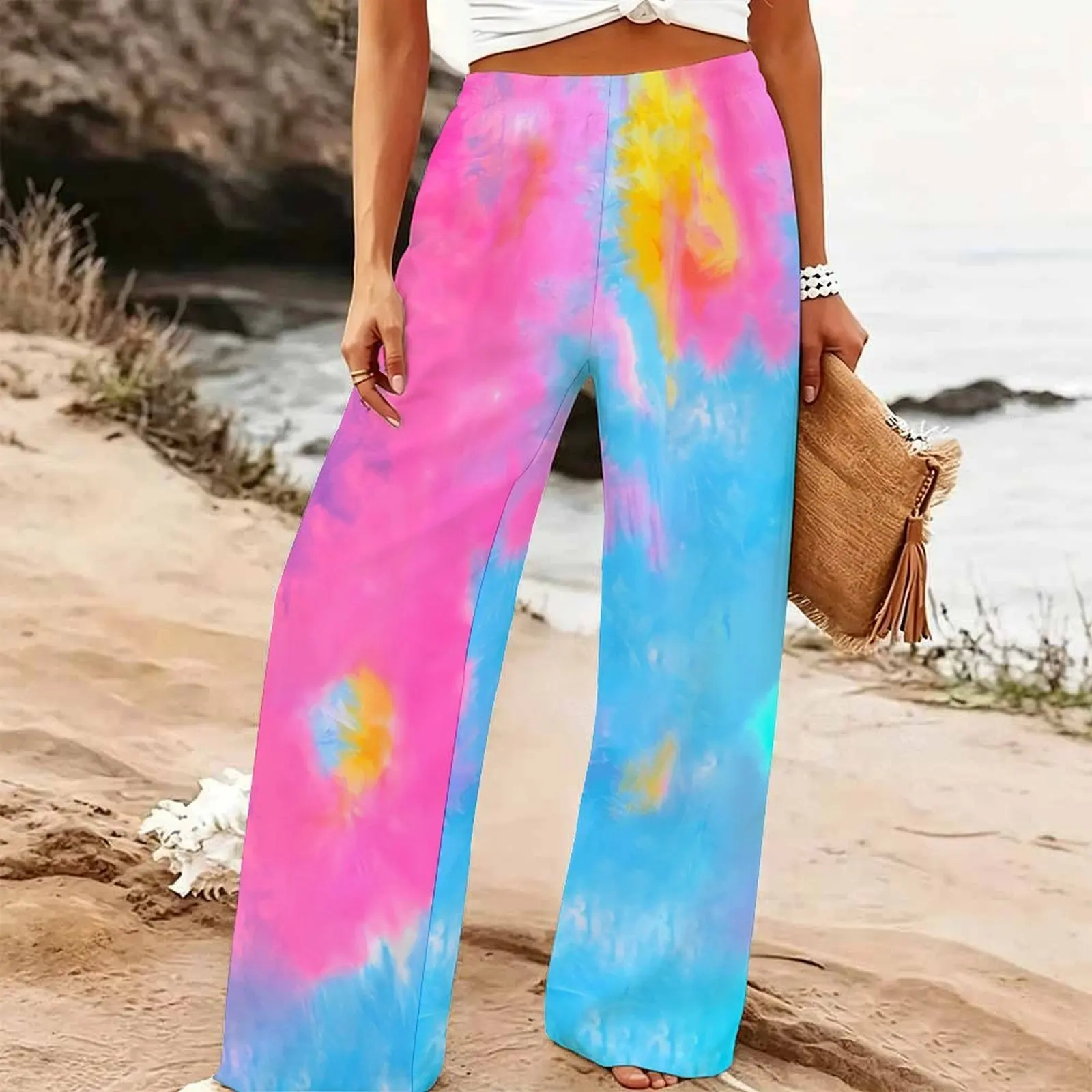 Women's Summer Beach Wide Leg Trousers Floral Print Elastic High Waist Loose Fit Casual Vacation Palazzo Pants