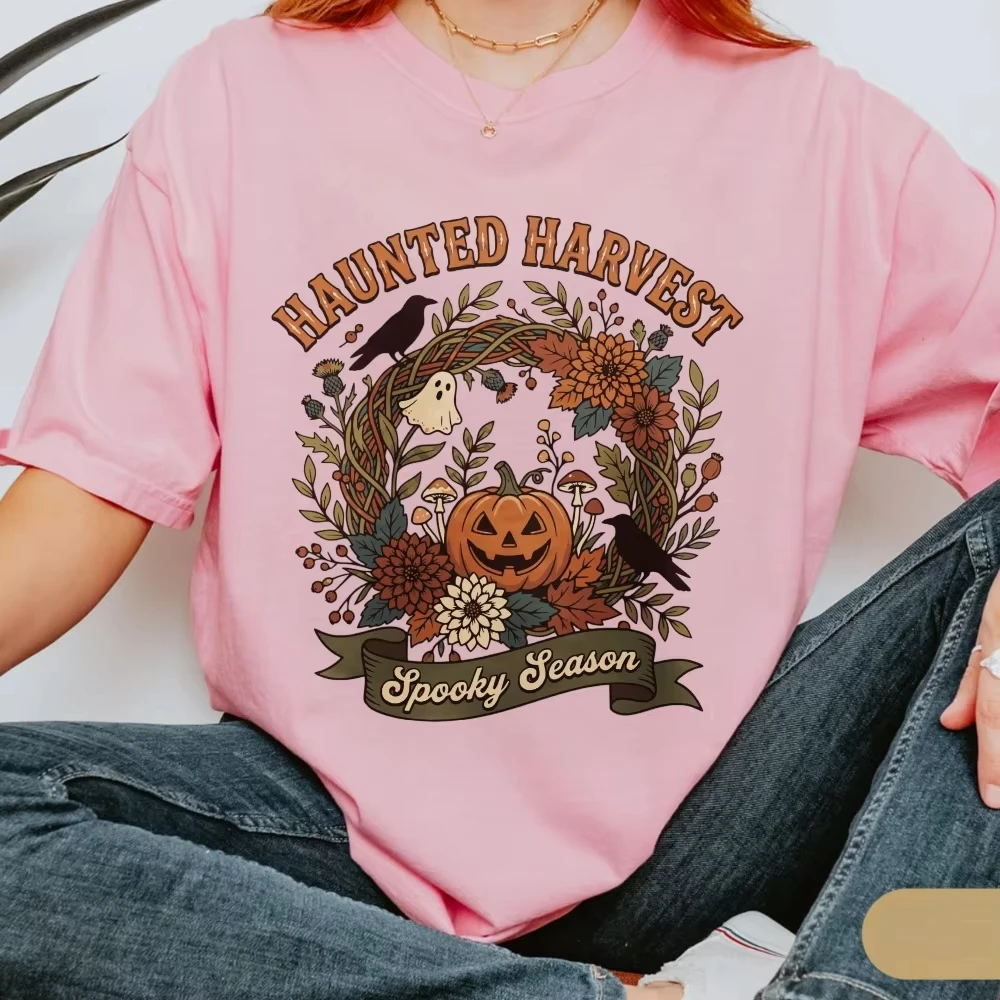 Vintage Halloween T-Shirt Haunted Harvest Graphic on 1717 Spooky Season Tee Pumpkin Ghost Tees Dark Folk Streetwear Cotton Shirt