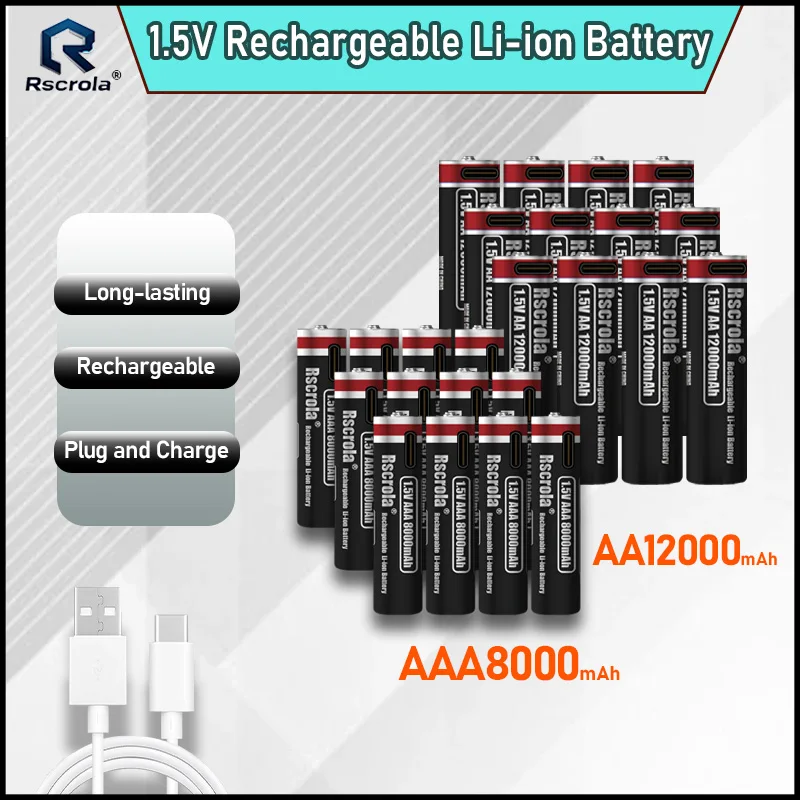 قدرة عالية 1.5 فولت AA 12000 مللي أمبير/AAA 8000 مللي أمبير بطارية ليثيوم قابلة للشحن نوع-C شحن سريع للتحكم عن بعد لعبة ماوس RC