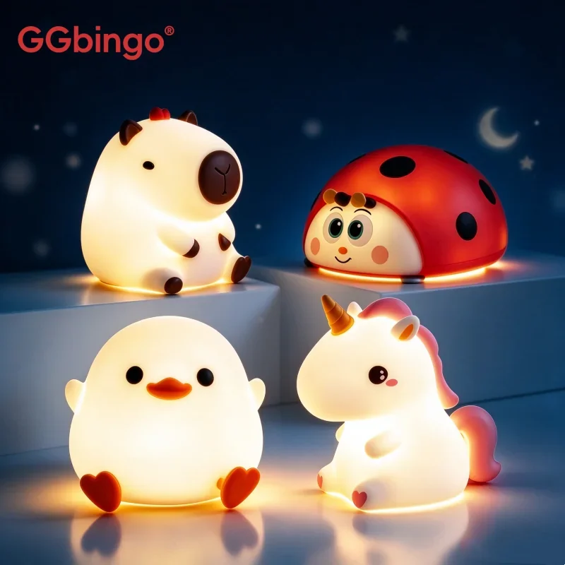GGbingo Cute Silicone Night Light Anmial USB Rechargeable Dimmable LED Eye Protection Bedside Lamp for Kids Home Bedroom Decor