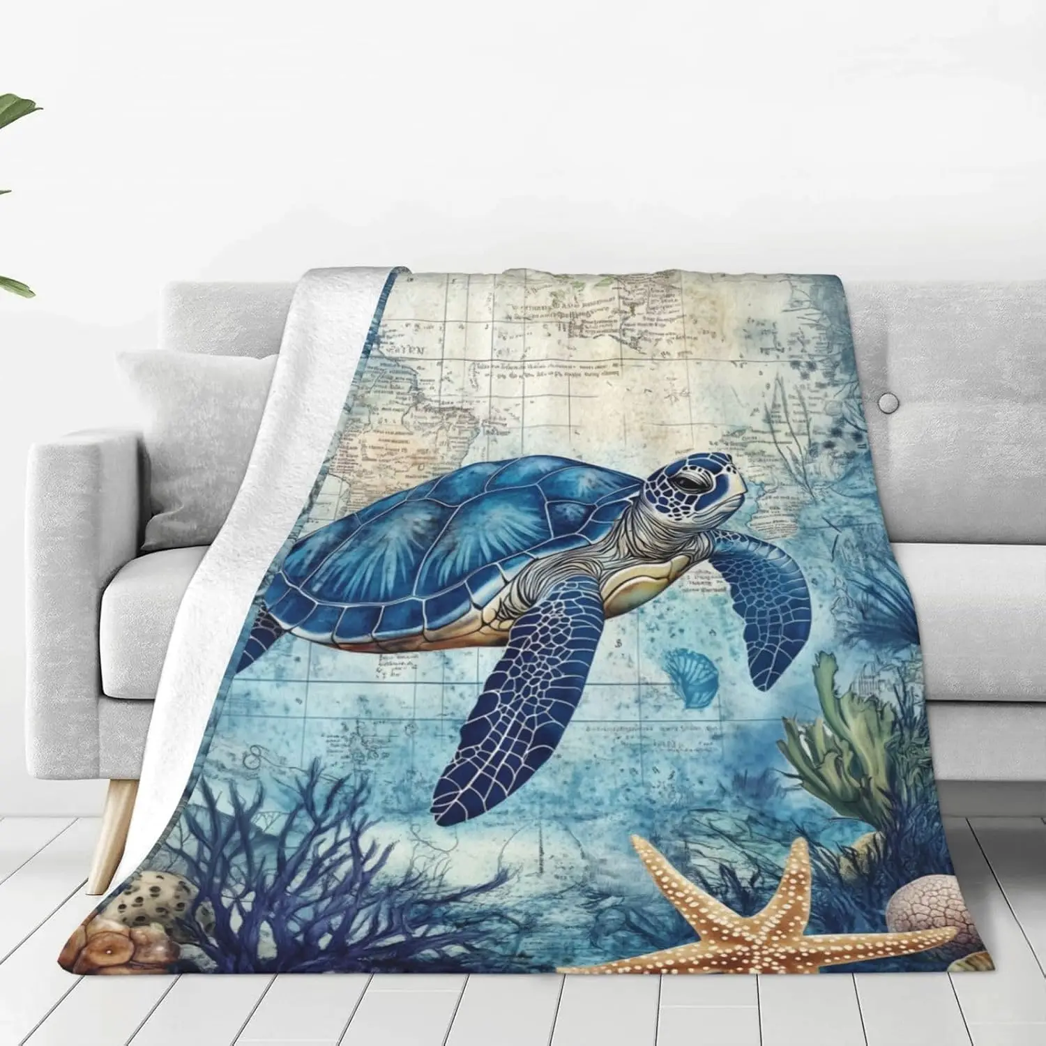 Retro Navigation Map Blue Turtle Undersea Coral Shell Art Flannel Blanket Soft Warm Throw Couch Travel Seaside Ocean Home Decor