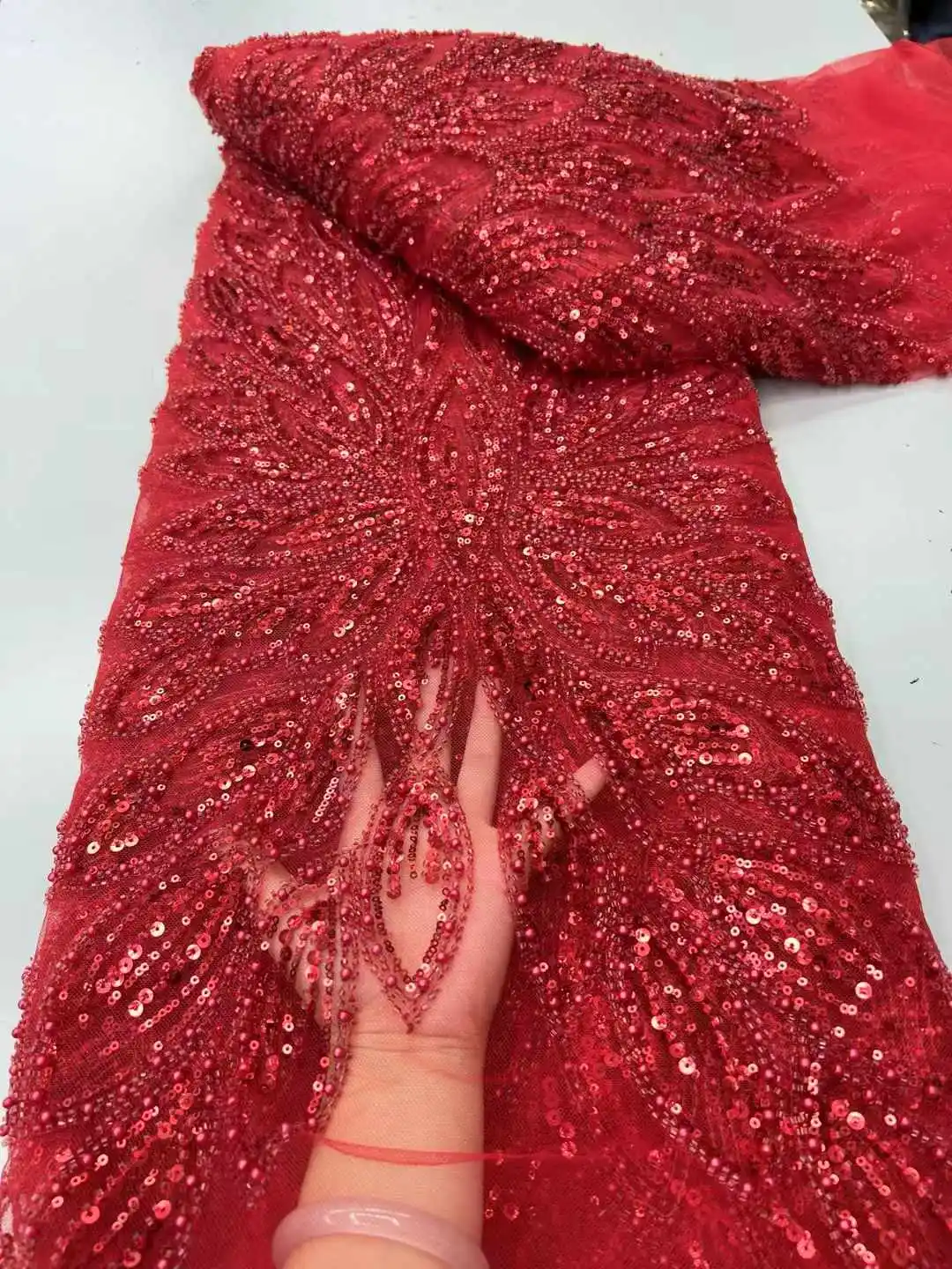 

2025 African French Nigerian High End Tulle Lace Fabric With Beads Sequins Embroiderg Mesh for Wedding Party Bride Sewing Dress