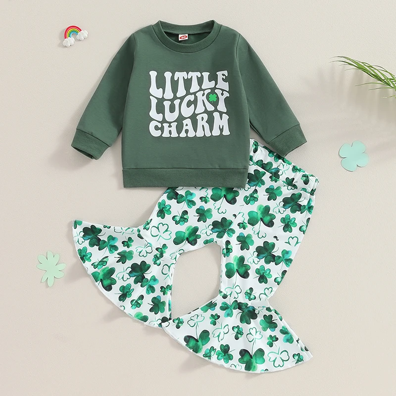 Stylish Toddler Girls St Patrick s Day Outfit Long Sleeve Top and Flared Pants Set with Shamrock Print