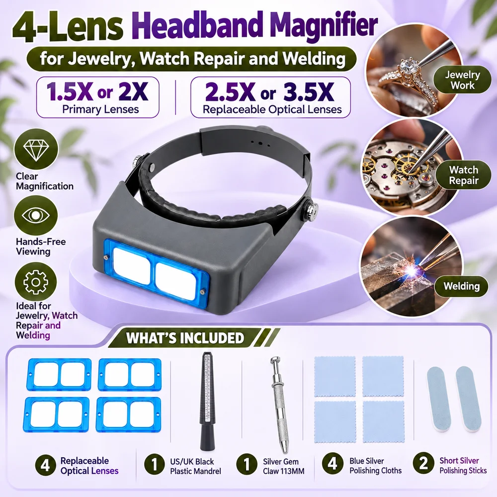 4-Lens Headband Magnifier for Jewelry, Watch Repair and Welding, with 1.5X or 2X, plus 2.5X or 3.5X Replaceable Optical Lenses