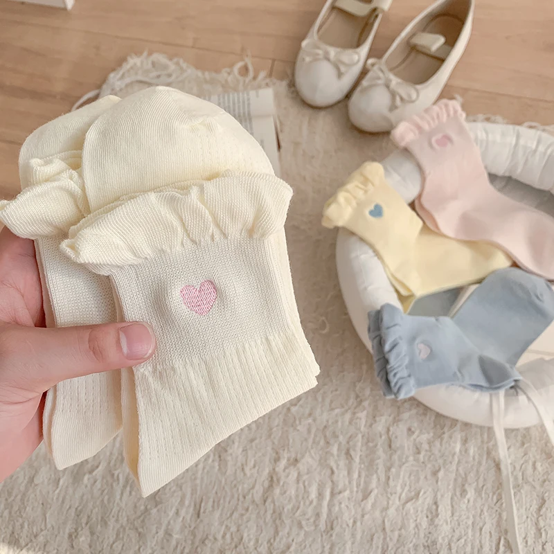 

New Women Socks Sweet Korean Style Solid Color Casual Crew Socks Frilly Breathable Thin Heart Embroidery Mesh Socks Girls Simple