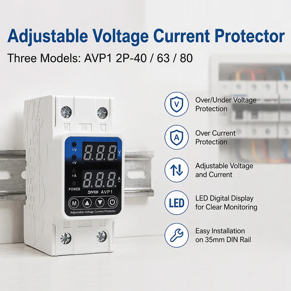 Current Voltage Protector Digital Display Adjustable Over/Under Voltage Protection Self-resetting Device Din Rail Mounted