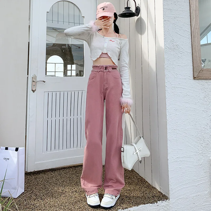 High quality long jeans for women wide leg tassel washing cotton denim casual young ladies vintage trousers - pink