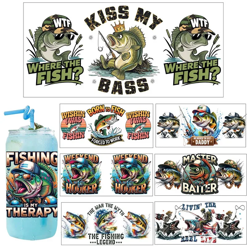 

Popular Funny Outdoor fishing Artwork UV Sticker Party DIY Decals 3D transfers uvdtf tumbler seal stickers 16oz uv dtf cup wraps