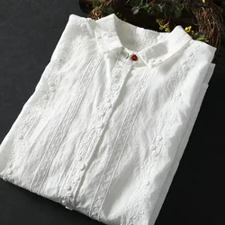 2026 Women's elegant blouse 100% cotton bohemian lapel collar long sleeve white embroidery shirts blouses female tops
