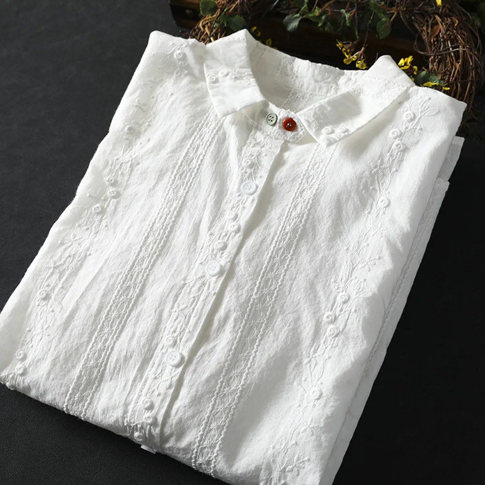 2026 Women's elegant blouse 100% cotton bohemian lapel collar long sleeve white embroidery shirts blouses female tops