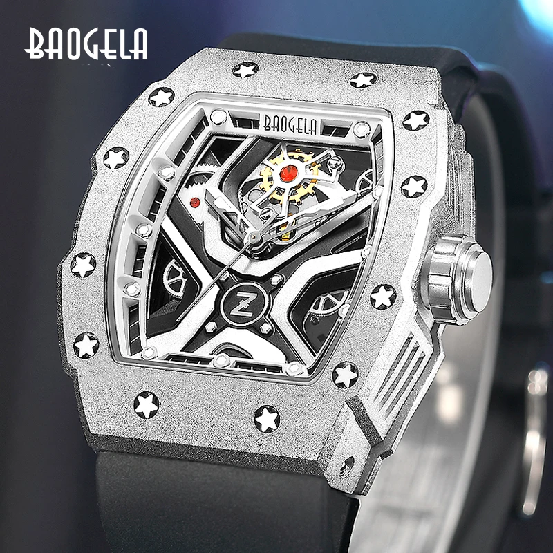 BAOGELA Top Brand Luxury Mens Watches Sport Stainless Steel Tonneau Dial Military Sport Wristwatch Silicone Strap Dropship 4143