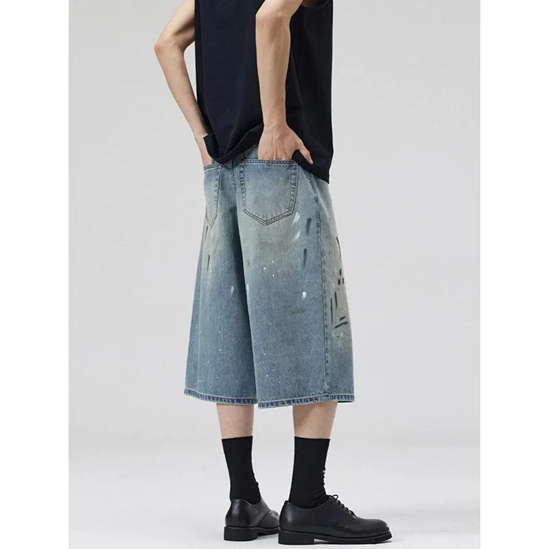 Unisex American Retro Graffiti Spray 7/8 Jeans Vintage Streetwear Oversized Denim Shorts Summer Casual Distressed Capri Pants
