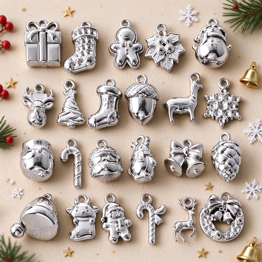5pcs Xmas Series 3D Stainless Steel Charms Silver Color Cookies Honey Candy Cane Pendants For Holiday Earrings Bracelet Necklace