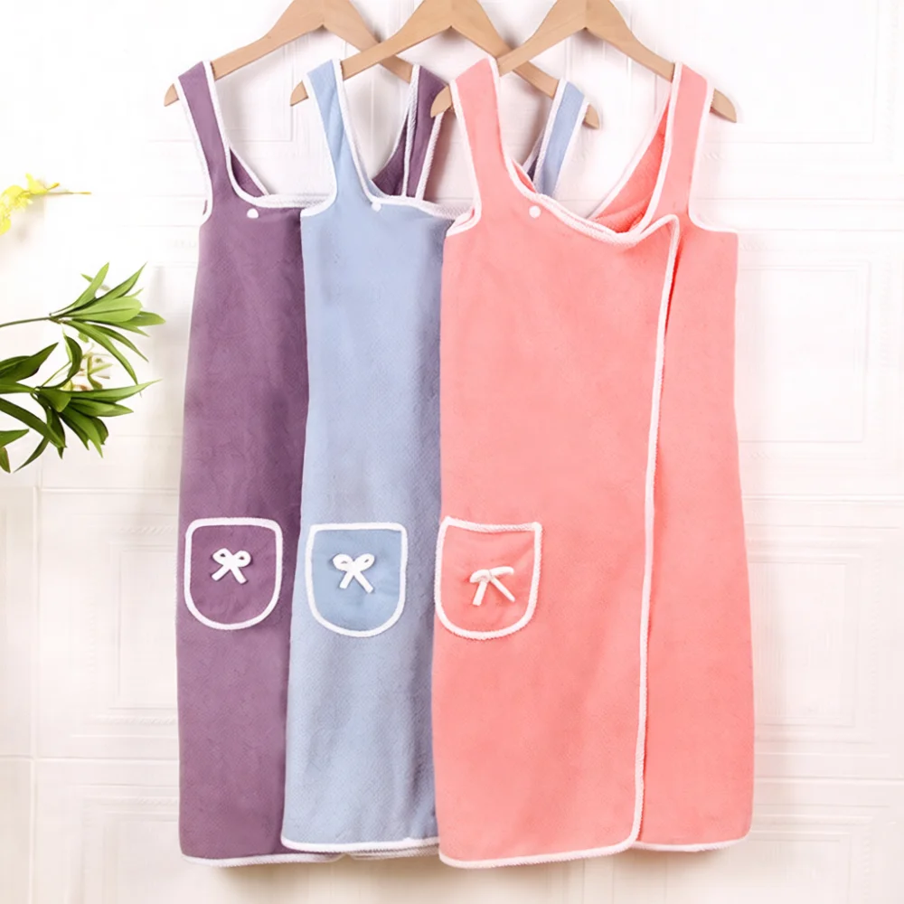 Soft Coral Fleece Wearable Bathrobe Women Strappy Shower Towel Dress Quick Dry Absorbent Spa Bath Wrap Home Bathing Gown