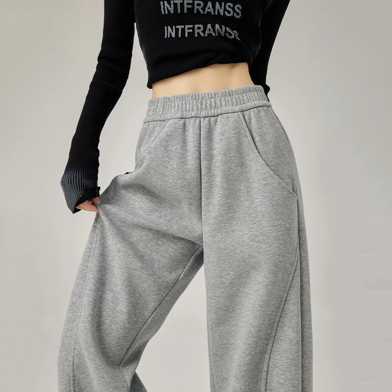 Gray High Waist Baggy Sweatpants Women Autumn Winter Wide Leg Loose Sports Pants Woman 2025 All-Match Pocket Trouser Female
