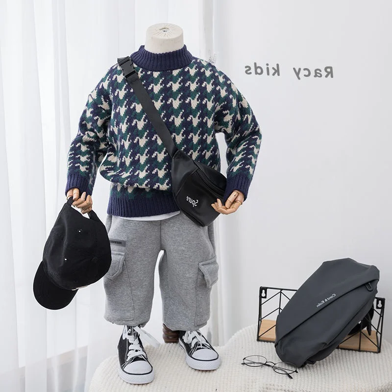 Boys Woolen Sweater Cotton Knitting 2022 Scoop Warm Thicken Velvet Winter Autumn Windproof Children's Clothing